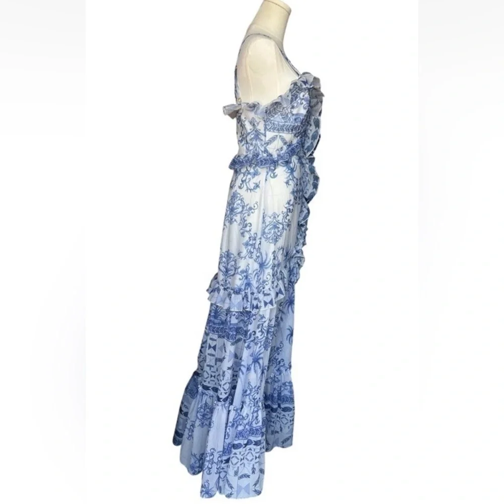 PatBO Amalfi Convertible White/Blue Printed Ruffle Chiffon Maxi Dress Size XS